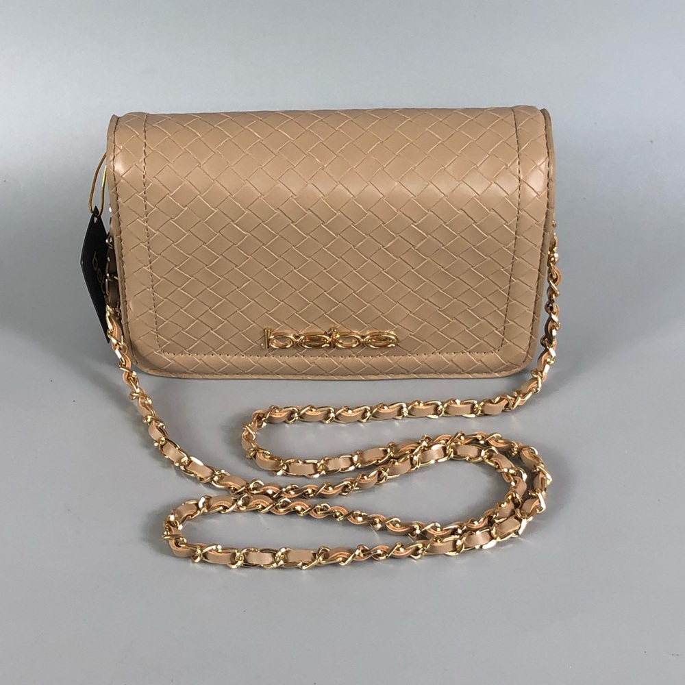 bebe Neutral Woven Crossbody with Gold Chain